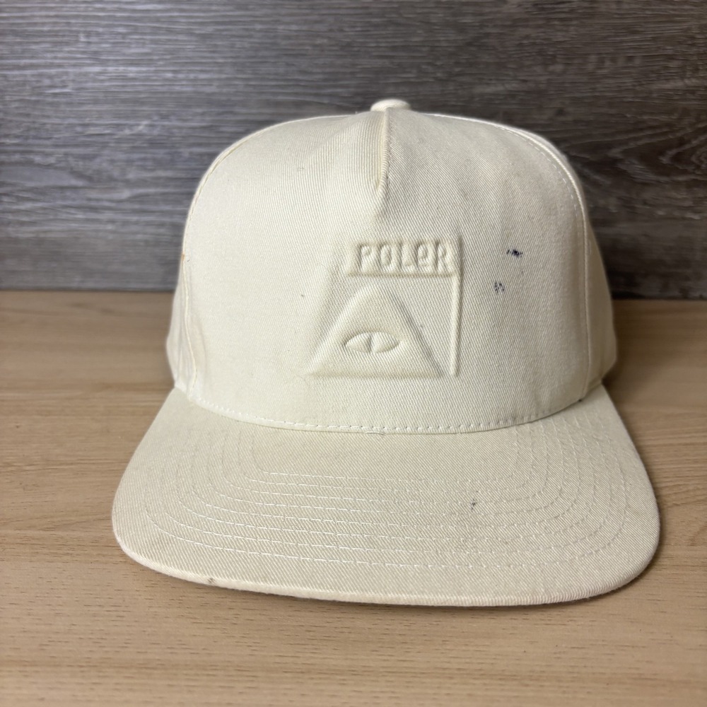 Poler Hat Cap Snap Back White Camp Vibes Embroidered Canvas Mens Faded Stains